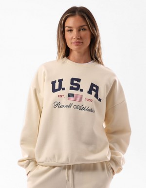 Beige Russell Athletic 1902 Oversized Women Crew Neck Sweaters | 84BJOKCXU