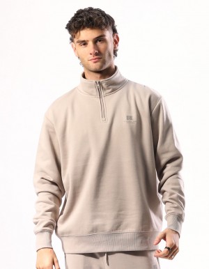 Beige Russell Athletic Brooklyn Quarter Zip Men Top | 23KXPVMRH