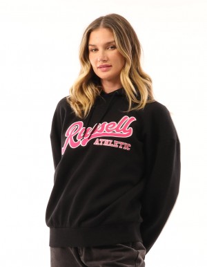 Black Russell Athletic Scripted Oversized Women Hoodie | 76XIQOEWM