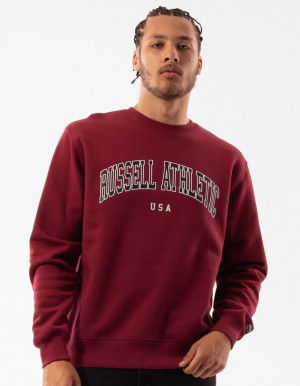 Burgundy Russell Athletic Pasadena Men Crew Neck Sweaters | 80MRVGDHF