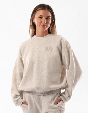 Khaki Russell Athletic Original Inlay Logo Women Crew Neck Sweaters | 29HVOKLDA