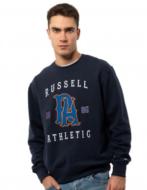 Navy Russell Athletic Midfielder Men Crew Neck Sweaters | 96PHBDFYS