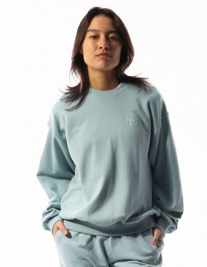 Turquoise Russell Athletic Inlay Logo Unbrushed Women Crew Neck Sweaters | 39EUIJVZW