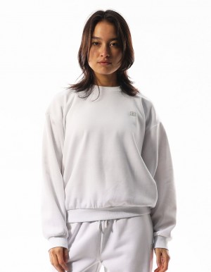 White Russell Athletic R Logo Women Crew Neck Sweaters | 75MGLWYQS