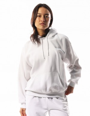 White Russell Athletic R Logo Women Hoodie | 65VOWYEBC