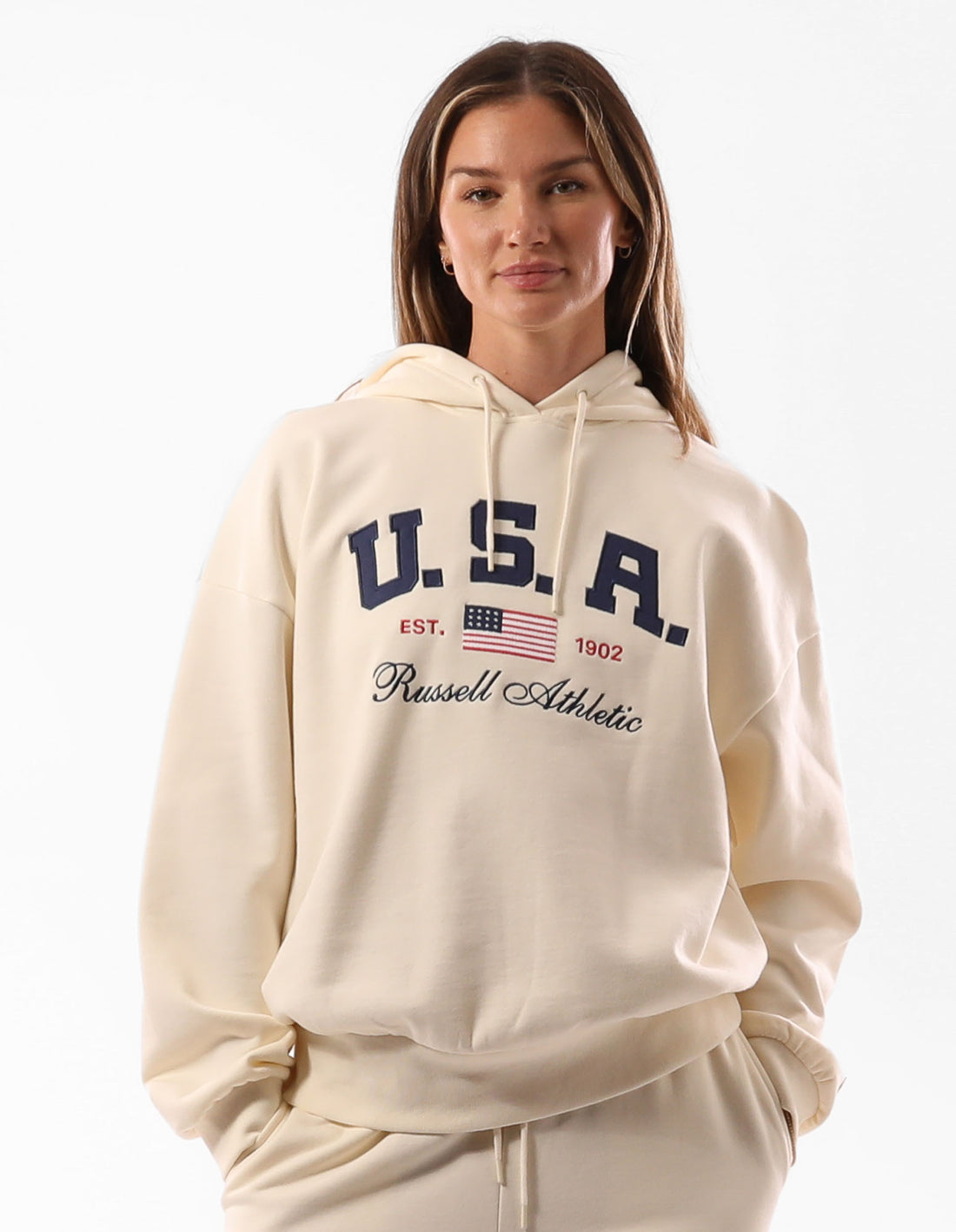 Beige Russell Athletic 1902 Oversized Women Hoodie | 62VAOBMRE