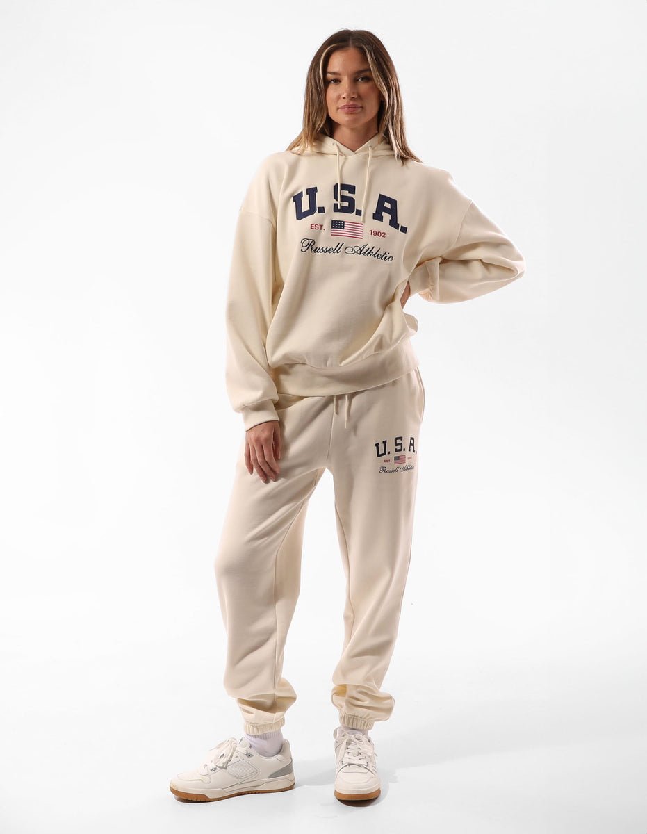 Beige Russell Athletic 1902 Oversized Women Hoodie | 62VAOBMRE