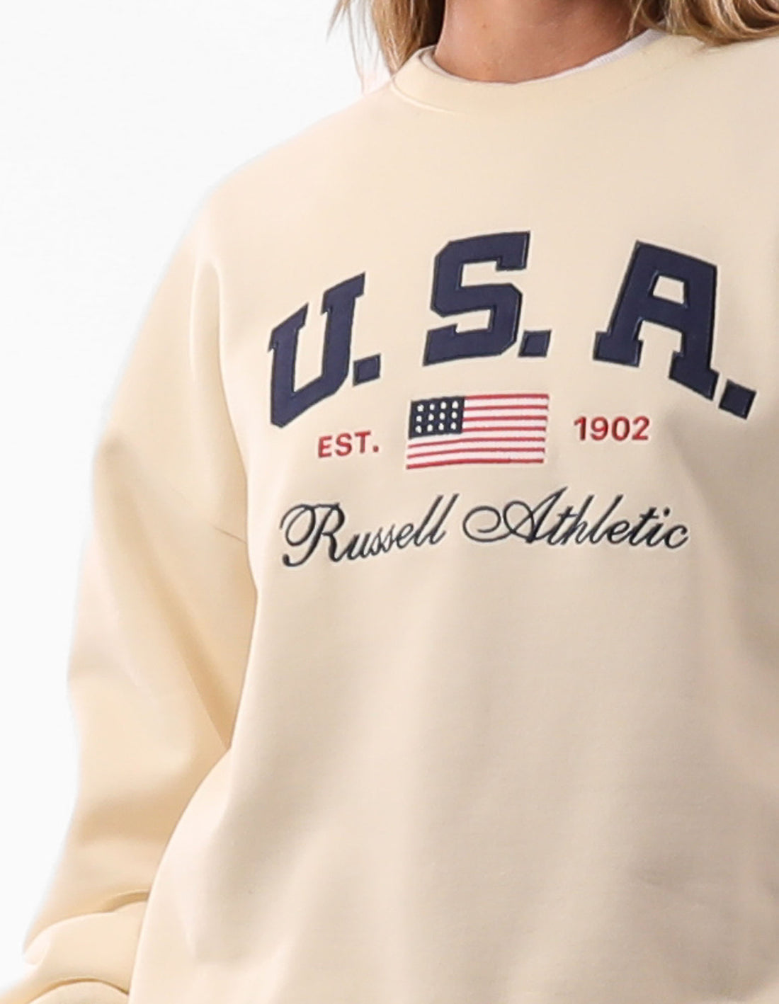 Beige Russell Athletic 1902 Oversized Women Crew Neck Sweaters | 84BJOKCXU