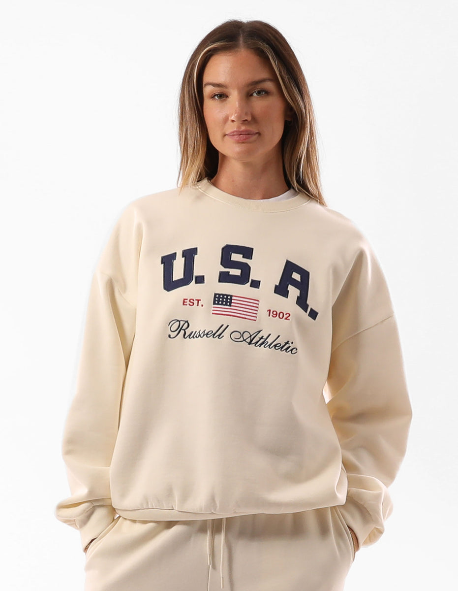 Beige Russell Athletic 1902 Oversized Women Crew Neck Sweaters | 84BJOKCXU