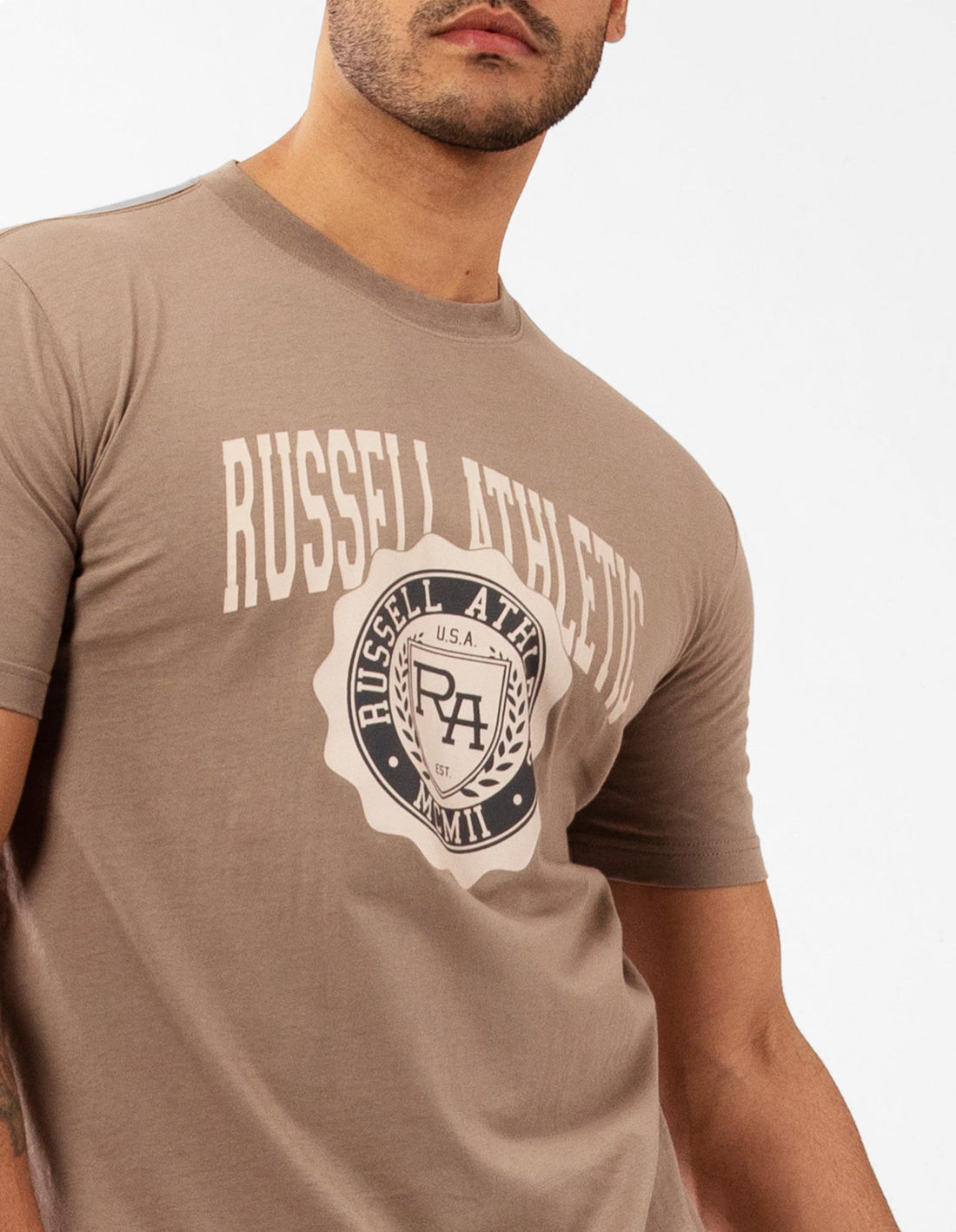 Beige Russell Athletic Big Seal Men T Shirts | 21JCRKIHM