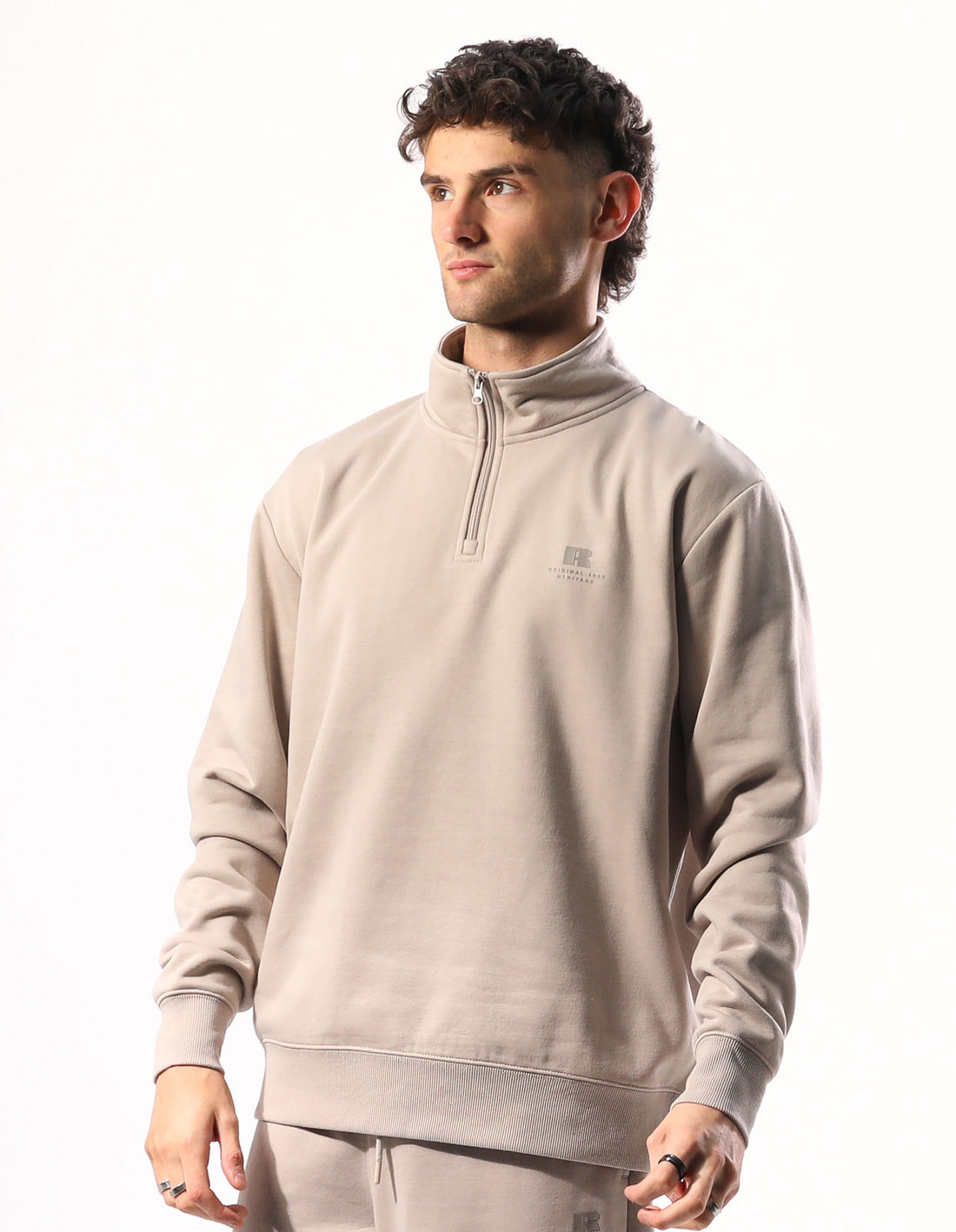 Beige Russell Athletic Brooklyn Quarter Zip Men Top | 23KXPVMRH