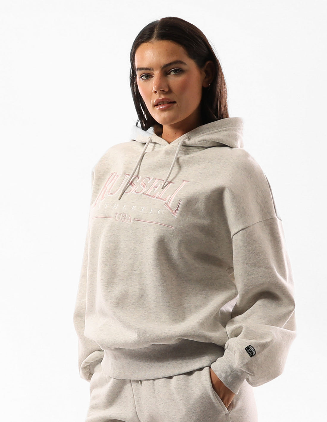 Beige Russell Athletic Houston Oversized Women Hoodie | 75FCVGEQZ