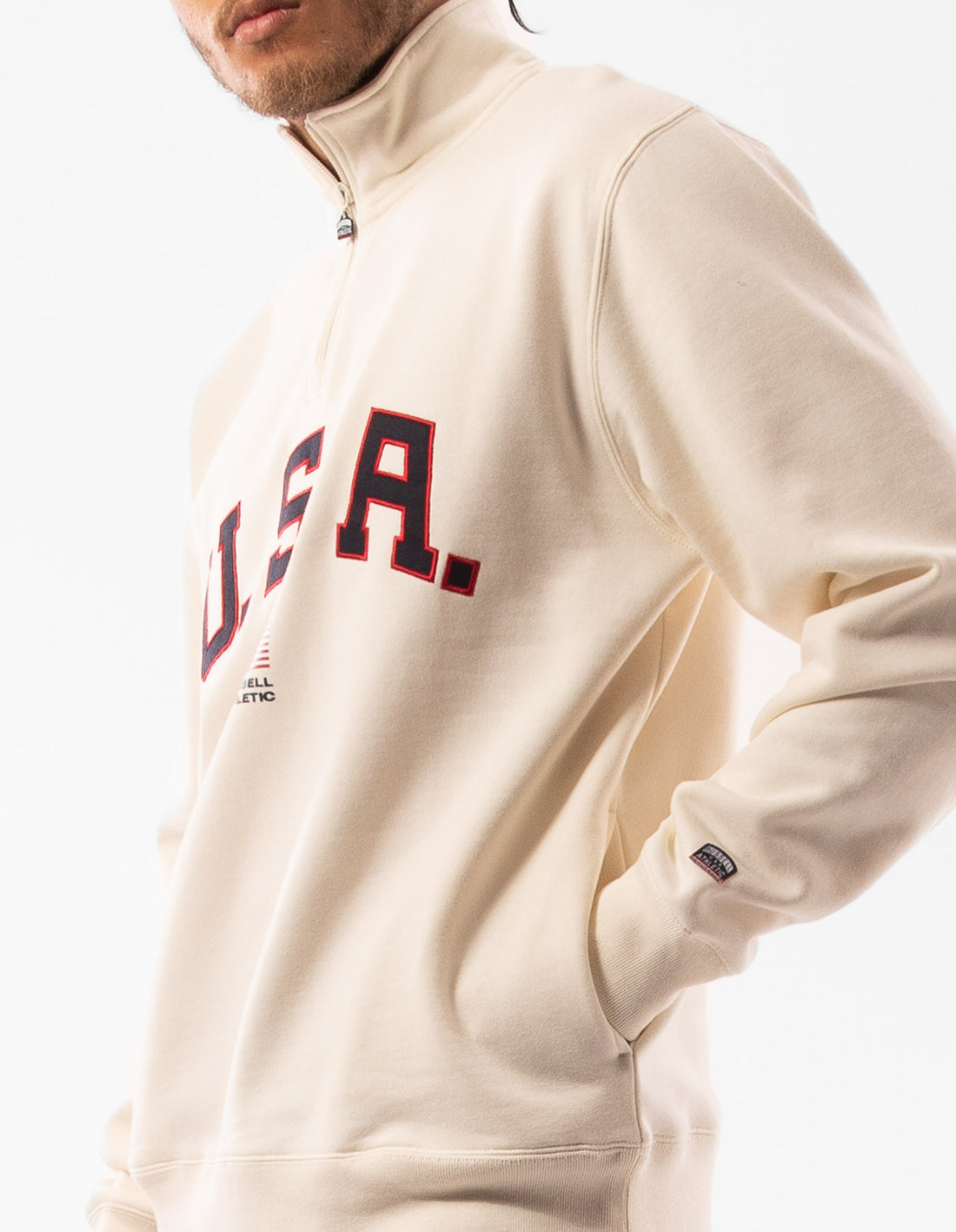 Beige Russell Athletic Lewis 1/4 Zip Men Top | 36FNPLDKO