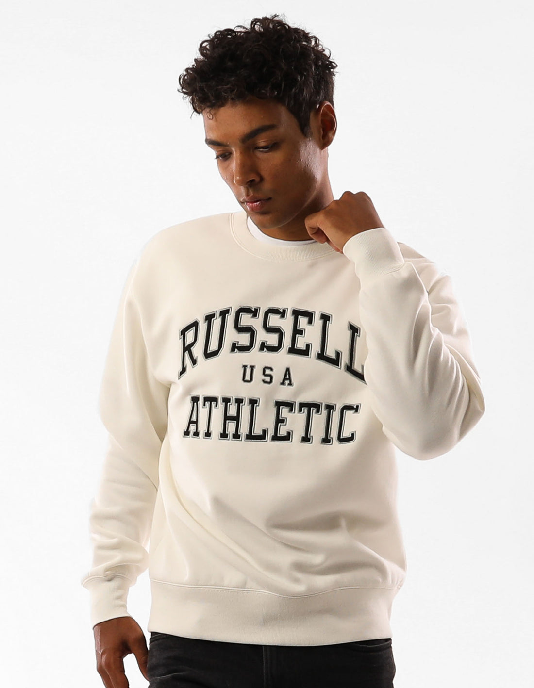 Beige Russell Athletic Melrose Men Crew Neck Sweaters | 46HRZQVEG