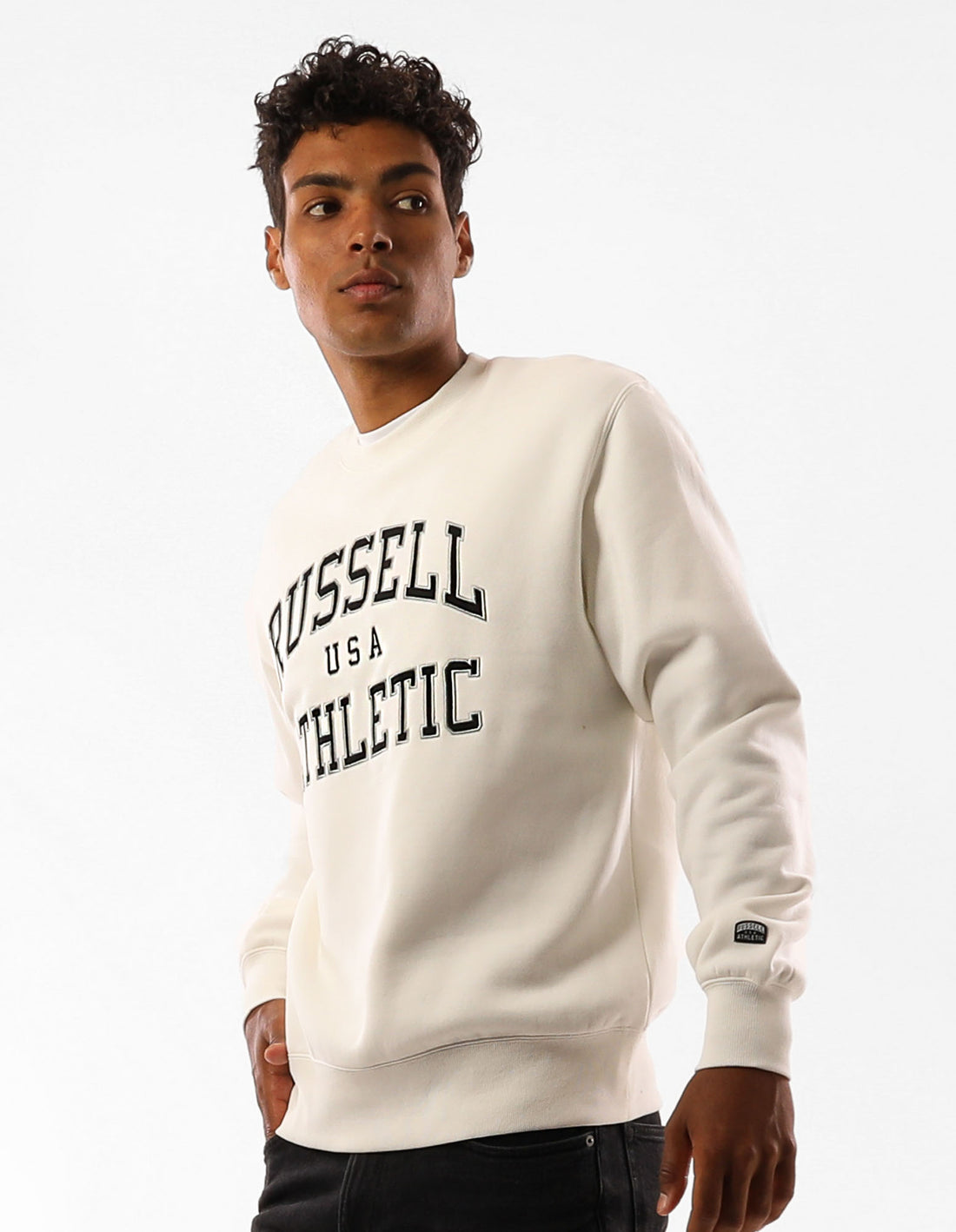 Beige Russell Athletic Melrose Men Crew Neck Sweaters | 46HRZQVEG