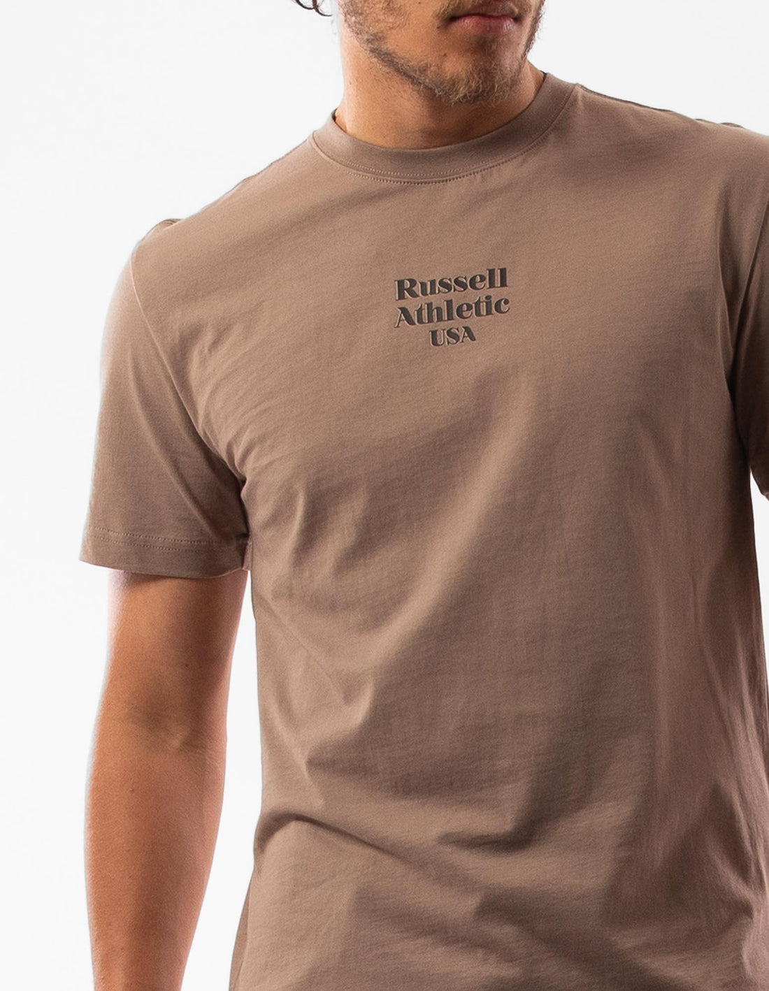 Beige Russell Athletic Small Serif Men T Shirts | 27OQLAXUT