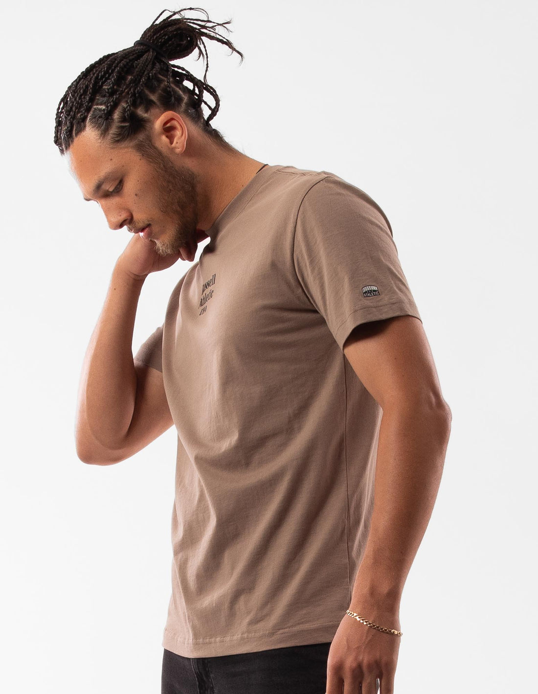 Beige Russell Athletic Small Serif Men T Shirts | 27OQLAXUT