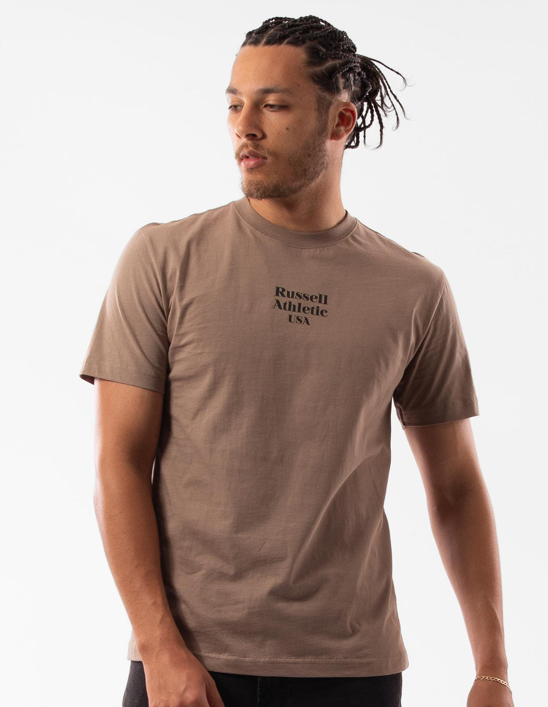 Beige Russell Athletic Small Serif Men T Shirts | 27OQLAXUT