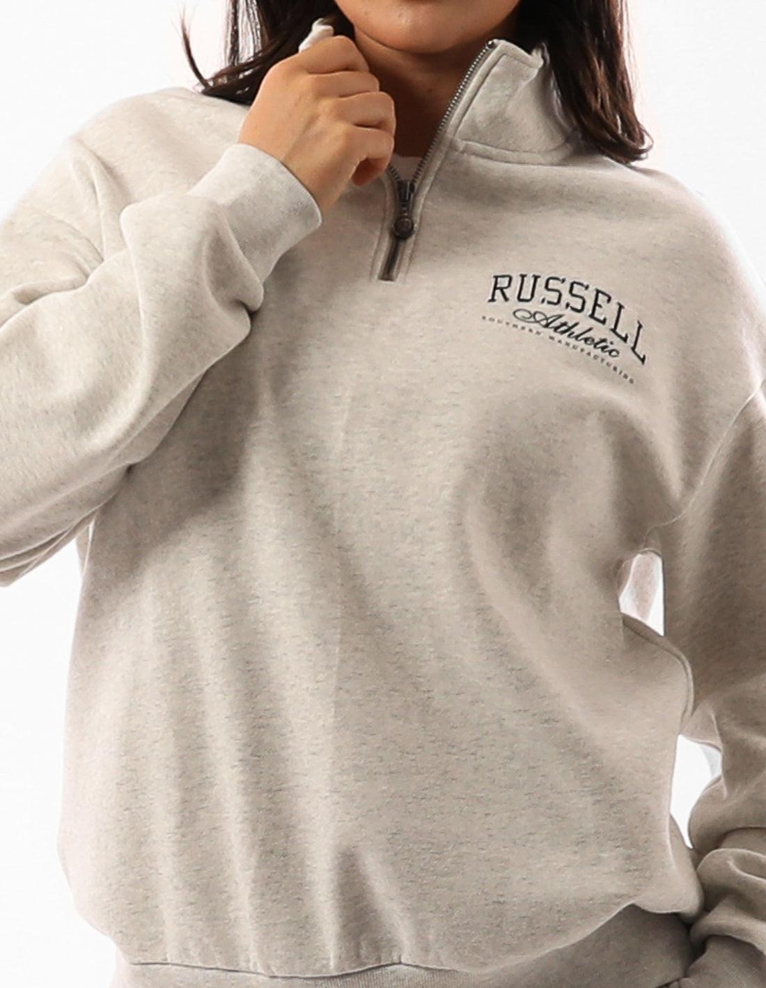 Beige Russell Athletic Tribecca Oversized 1/4 Zip Women Crew Neck Sweaters | 97JMPEUFZ