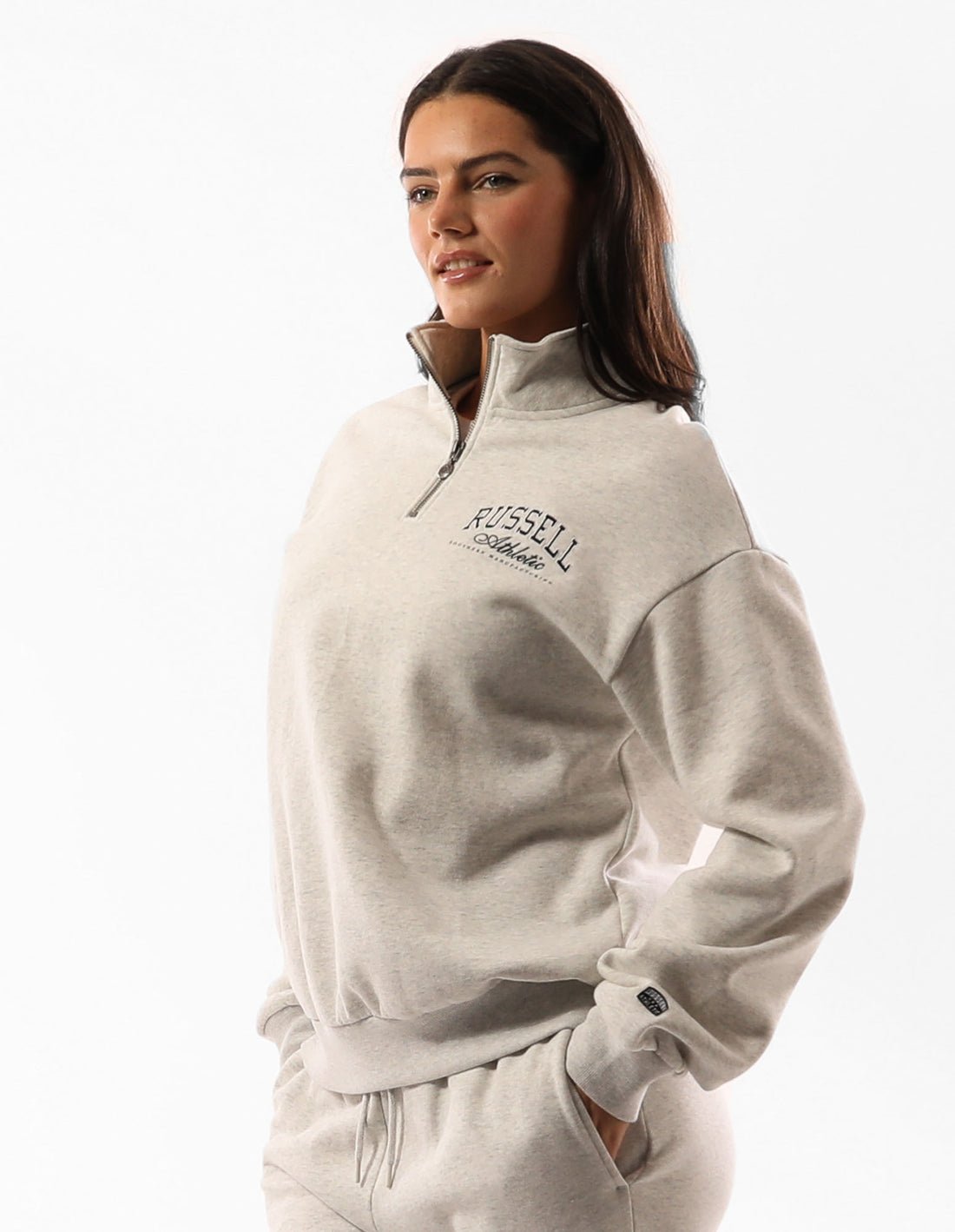 Beige Russell Athletic Tribecca Oversized 1/4 Zip Women Crew Neck Sweaters | 97JMPEUFZ