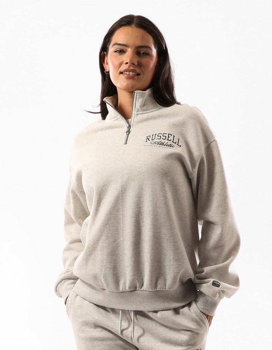 Beige Russell Athletic Tribecca Oversized 1/4 Zip Women Crew Neck Sweaters | 97JMPEUFZ