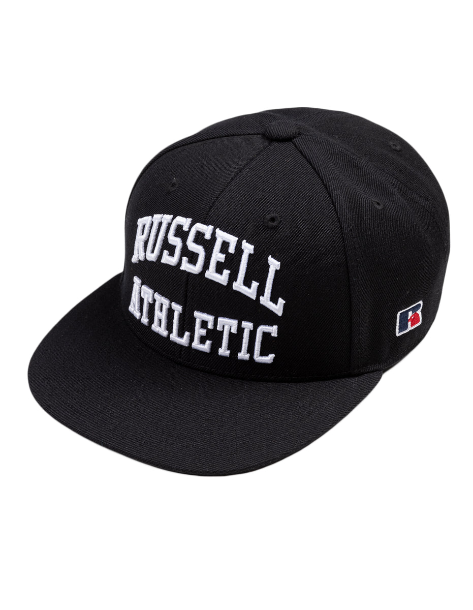 Black Russell Athletic Arch Logo Snap Back 3D Embroidered Accessories Caps | 34SLXJITM