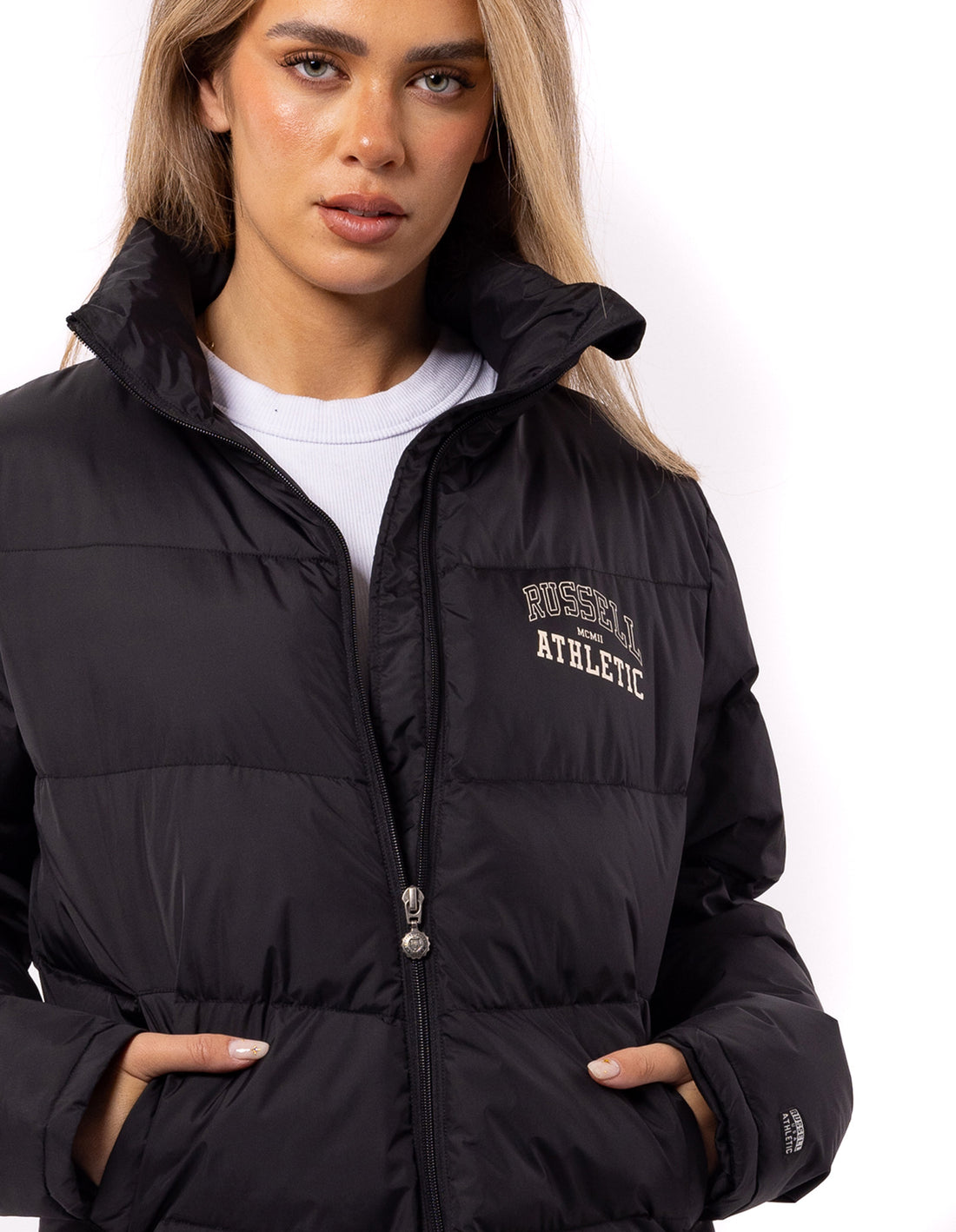 Black Russell Athletic Arch Logo Women Puffer Jacket | 84WXMPYZK