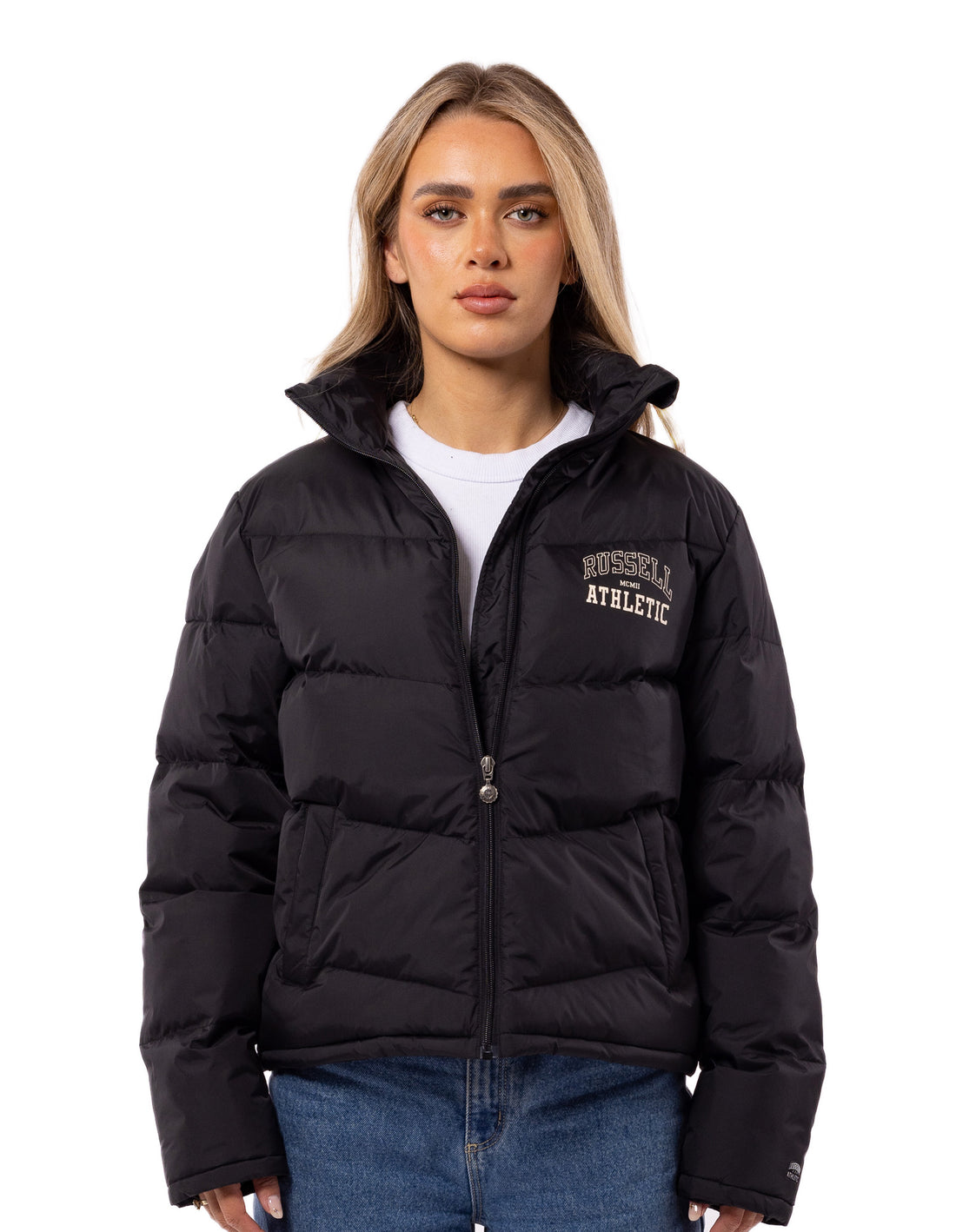 Black Russell Athletic Arch Logo Women Puffer Jacket | 84WXMPYZK