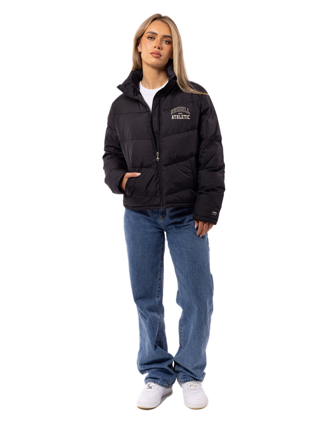 Black Russell Athletic Arch Logo Women Puffer Jacket | 84WXMPYZK