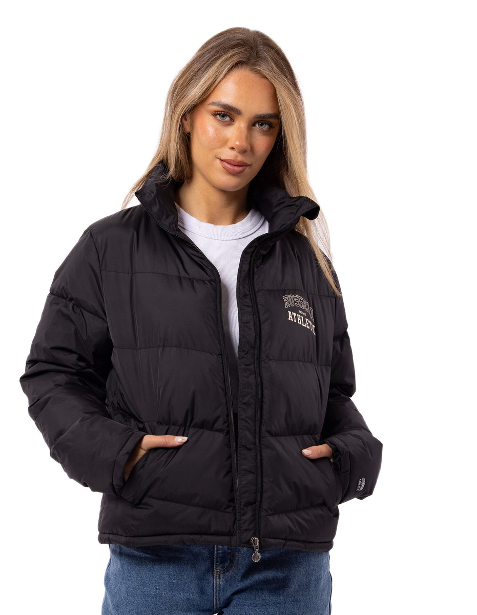 Black Russell Athletic Arch Logo Women Puffer Jacket | 84WXMPYZK