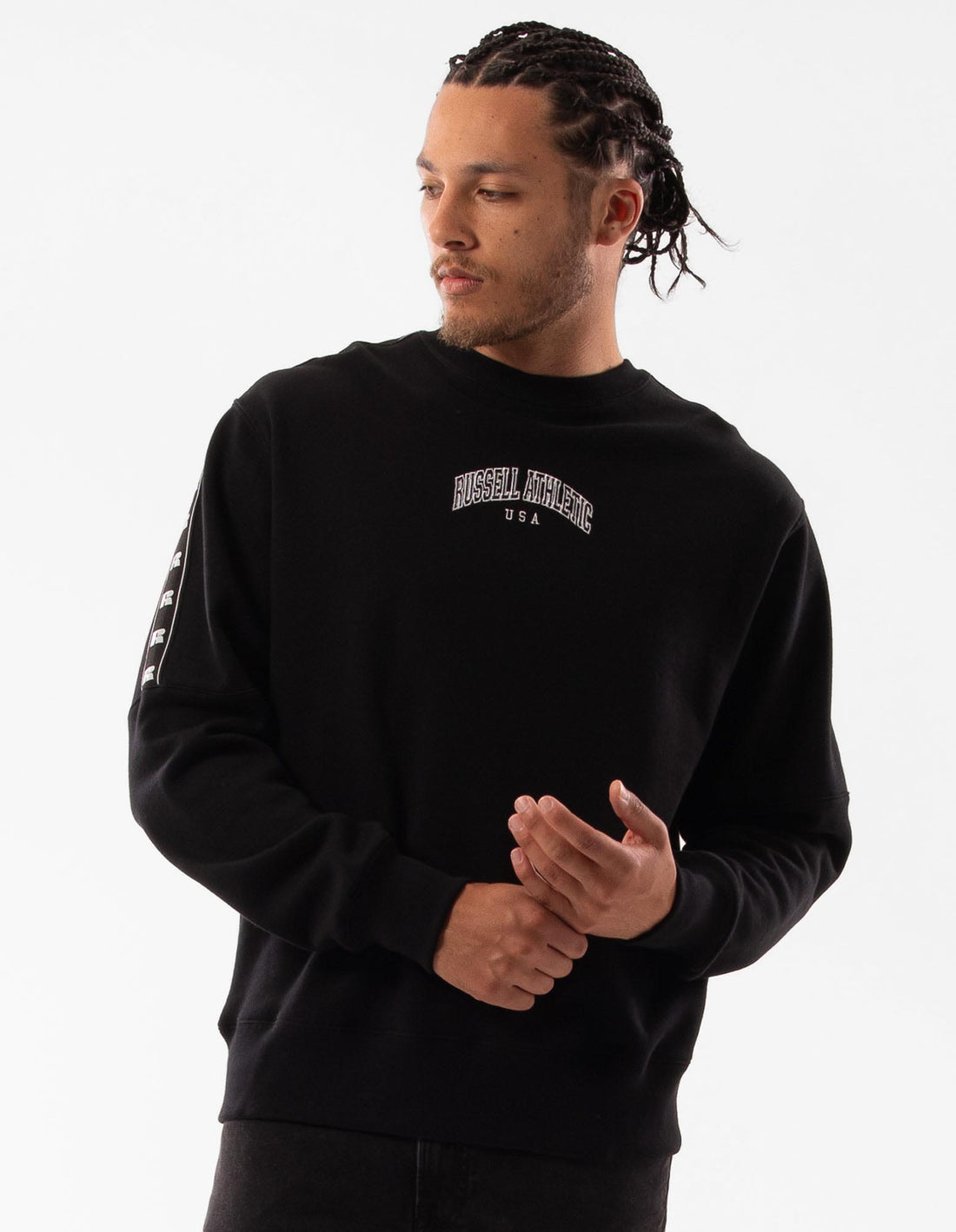 Black Russell Athletic Batten Men Crew Neck Sweaters | 72GLTRZOX