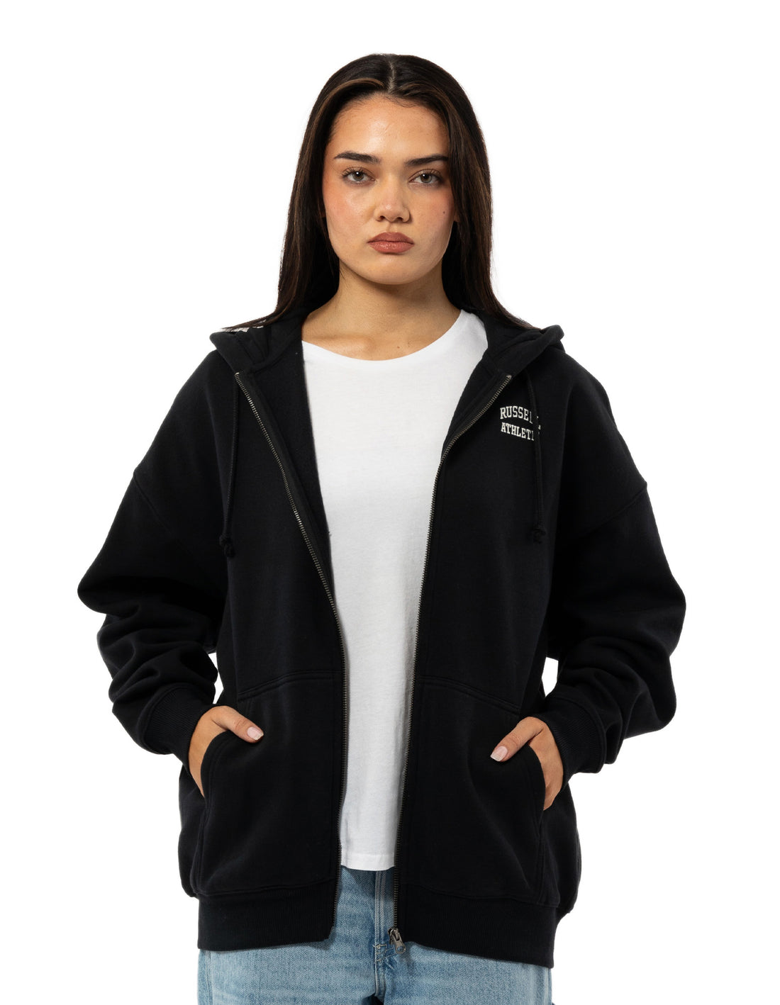 Black Russell Athletic Originals Embroidered Zip Through Women Hoodie | 46MWIESXH