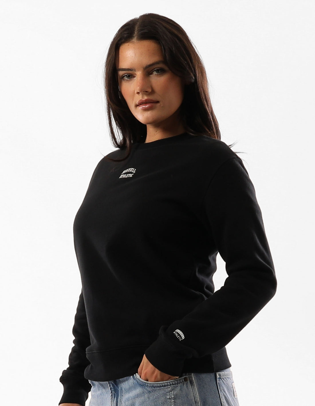 Black Russell Athletic Originals Embroidered Women Crew Neck Sweaters | 34HQZOUYK