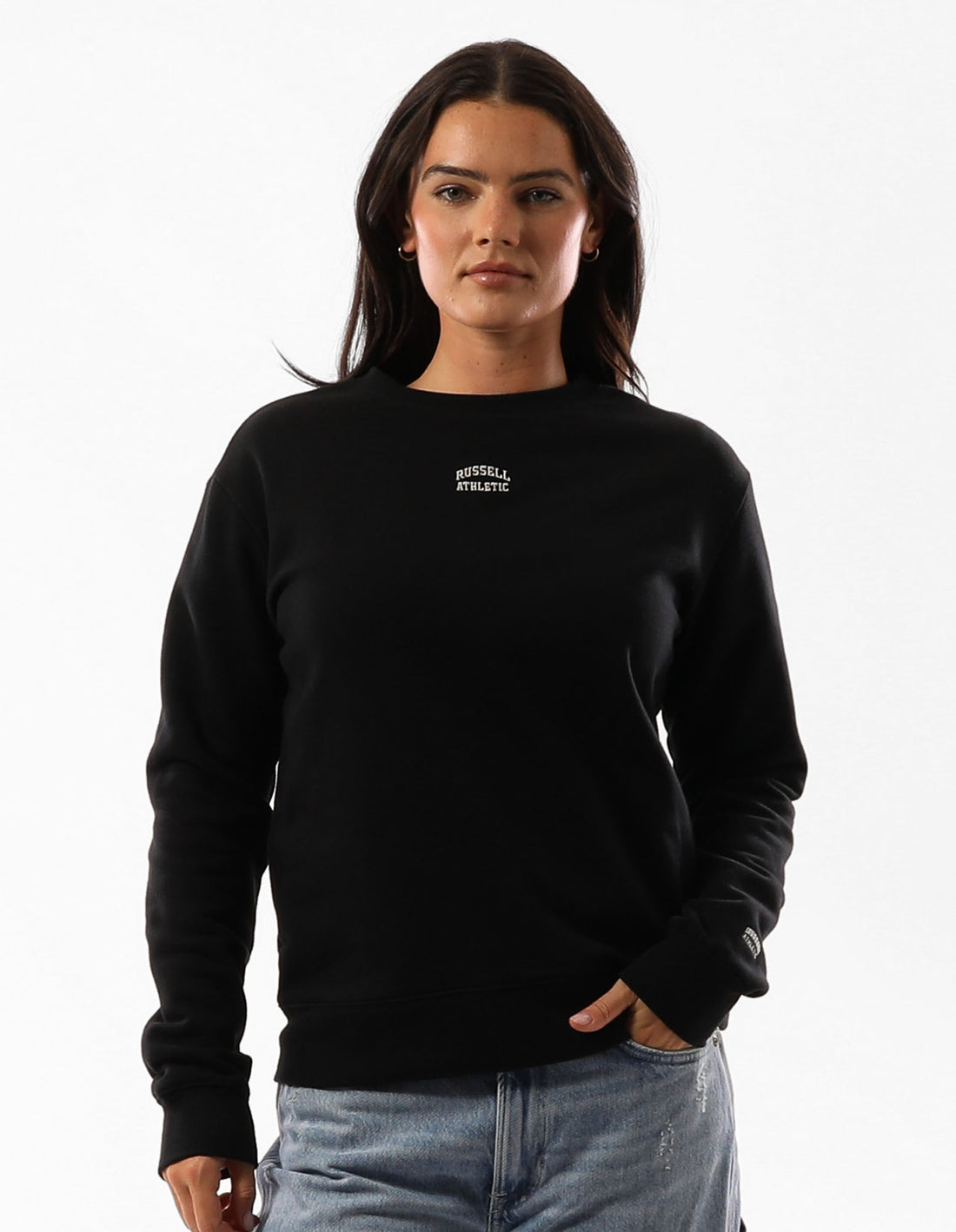 Black Russell Athletic Originals Embroidered Women Crew Neck Sweaters | 34HQZOUYK