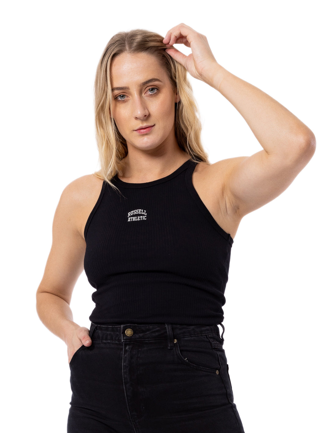 Black Russell Athletic Originals Embroidered Women Tanks | 05ZABSNKM