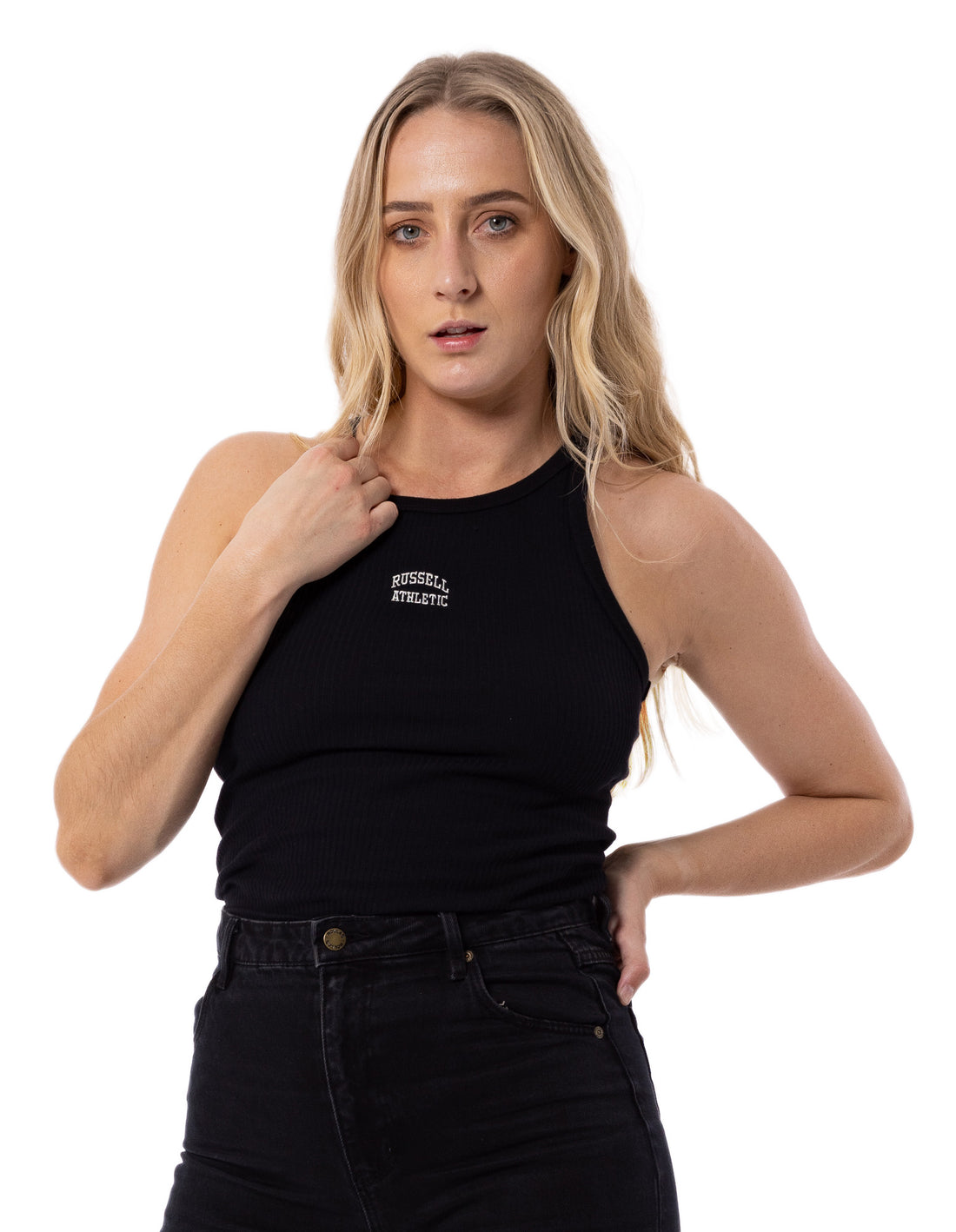 Black Russell Athletic Originals Embroidered Women Tanks | 05ZABSNKM