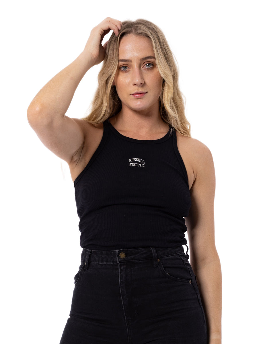 Black Russell Athletic Originals Embroidered Women Tanks | 05ZABSNKM