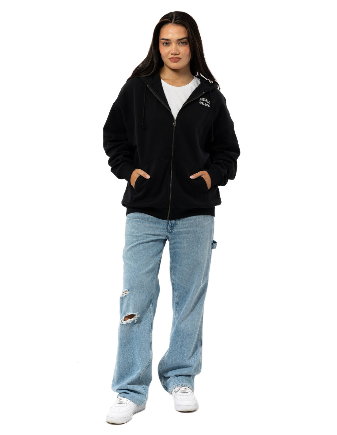 Black Russell Athletic Originals Embroidered Zip Through Women Jackets | 48XNCOSPW