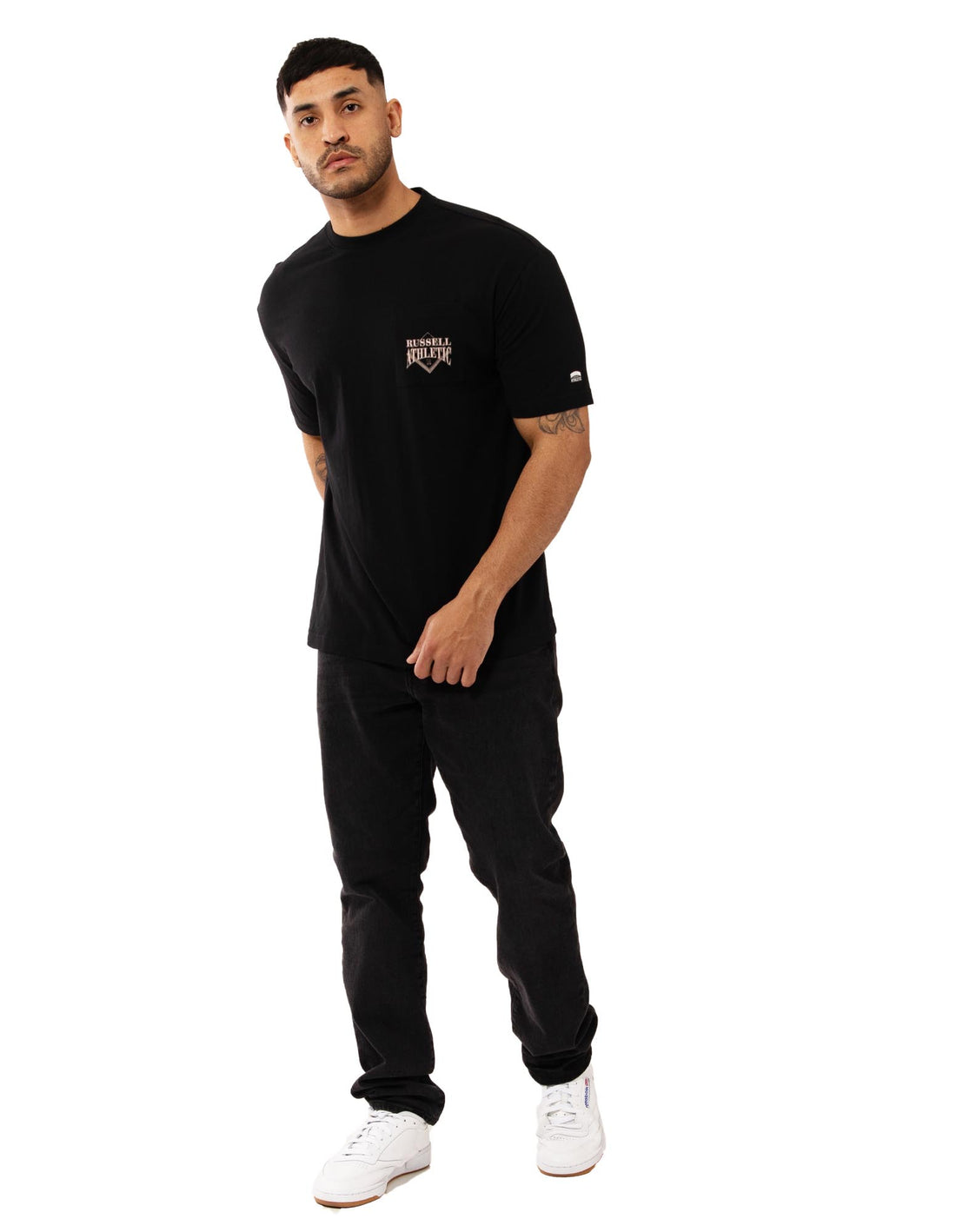 Black Russell Athletic Outfitters Pocket Men T Shirts | 93CUIWVFO