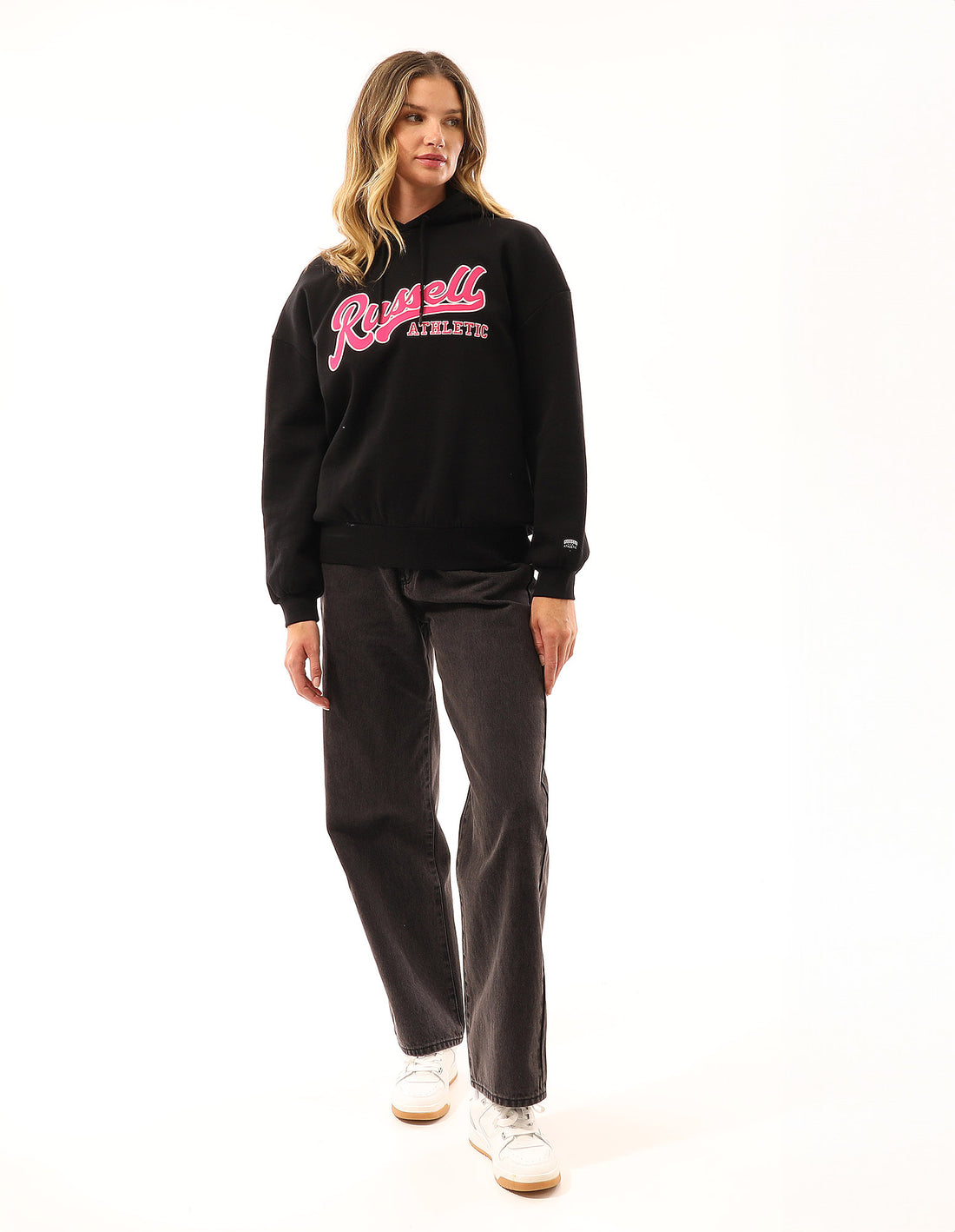 Black Russell Athletic Scripted Oversized Women Hoodie | 76XIQOEWM