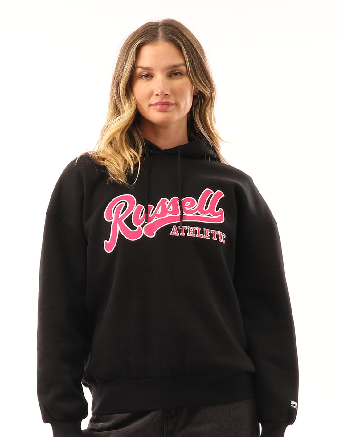 Black Russell Athletic Scripted Oversized Women Hoodie | 76XIQOEWM