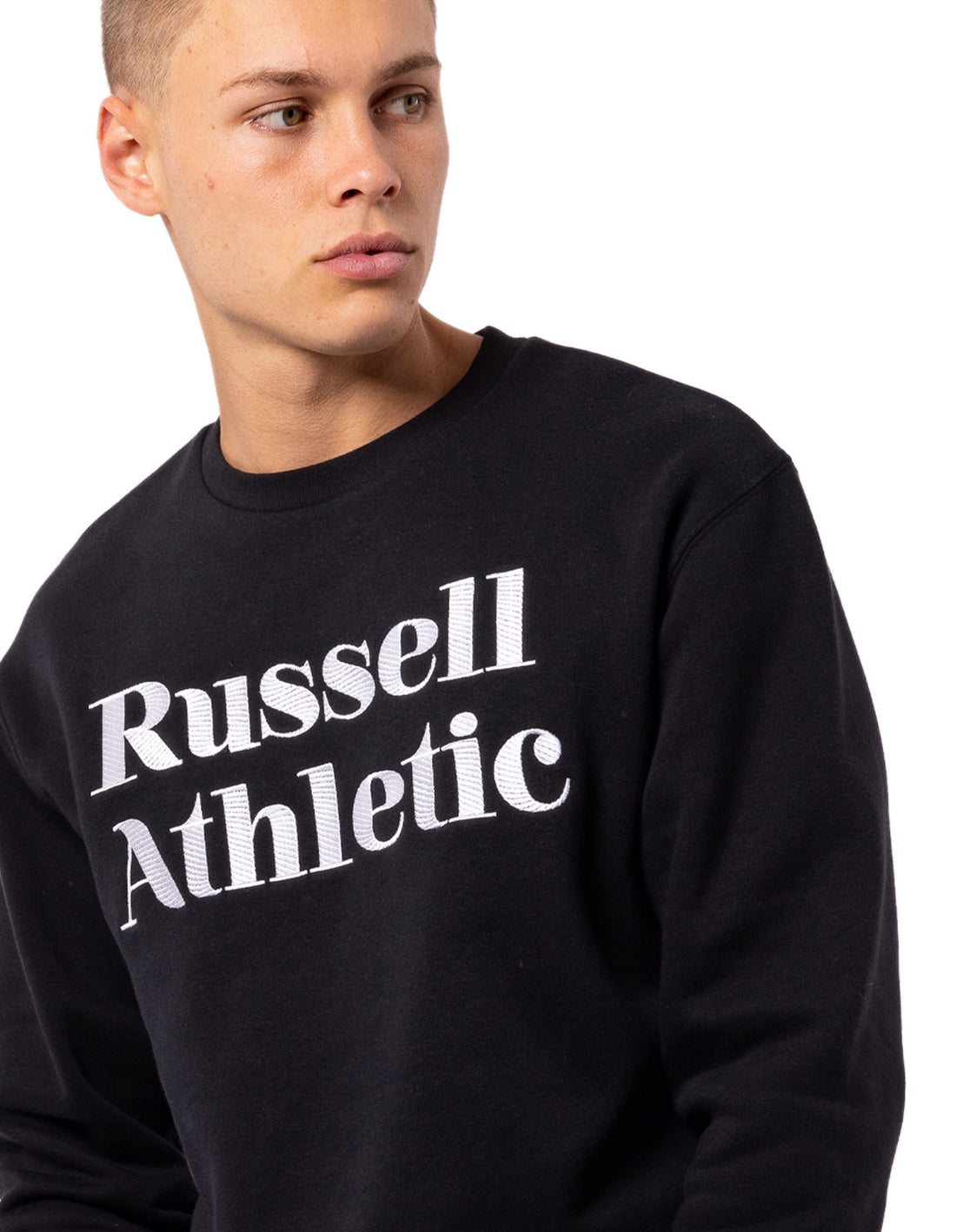 Black Russell Athletic Serif Men Crew Neck Sweaters | 98PTGXURZ