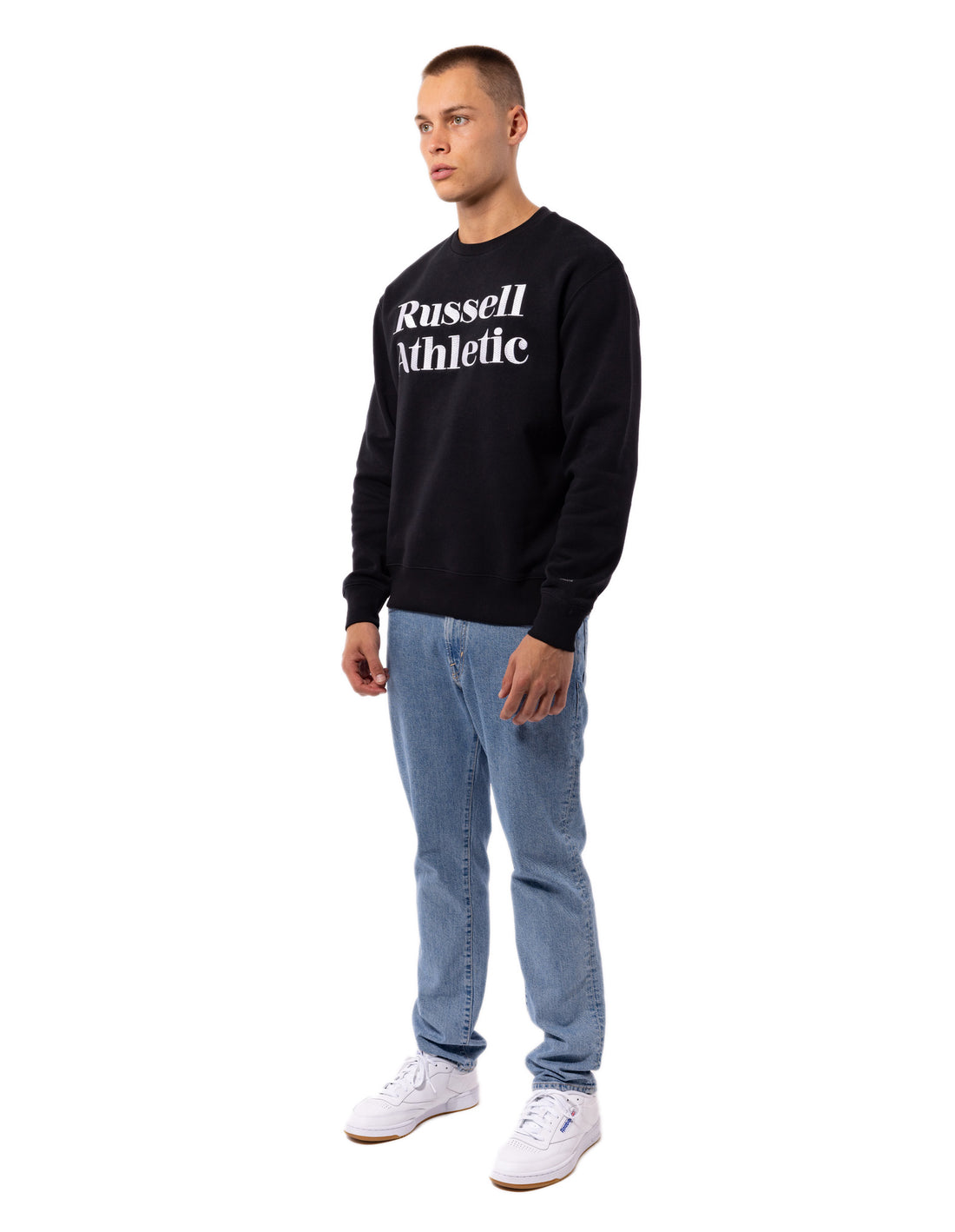 Black Russell Athletic Serif Men Crew Neck Sweaters | 98PTGXURZ