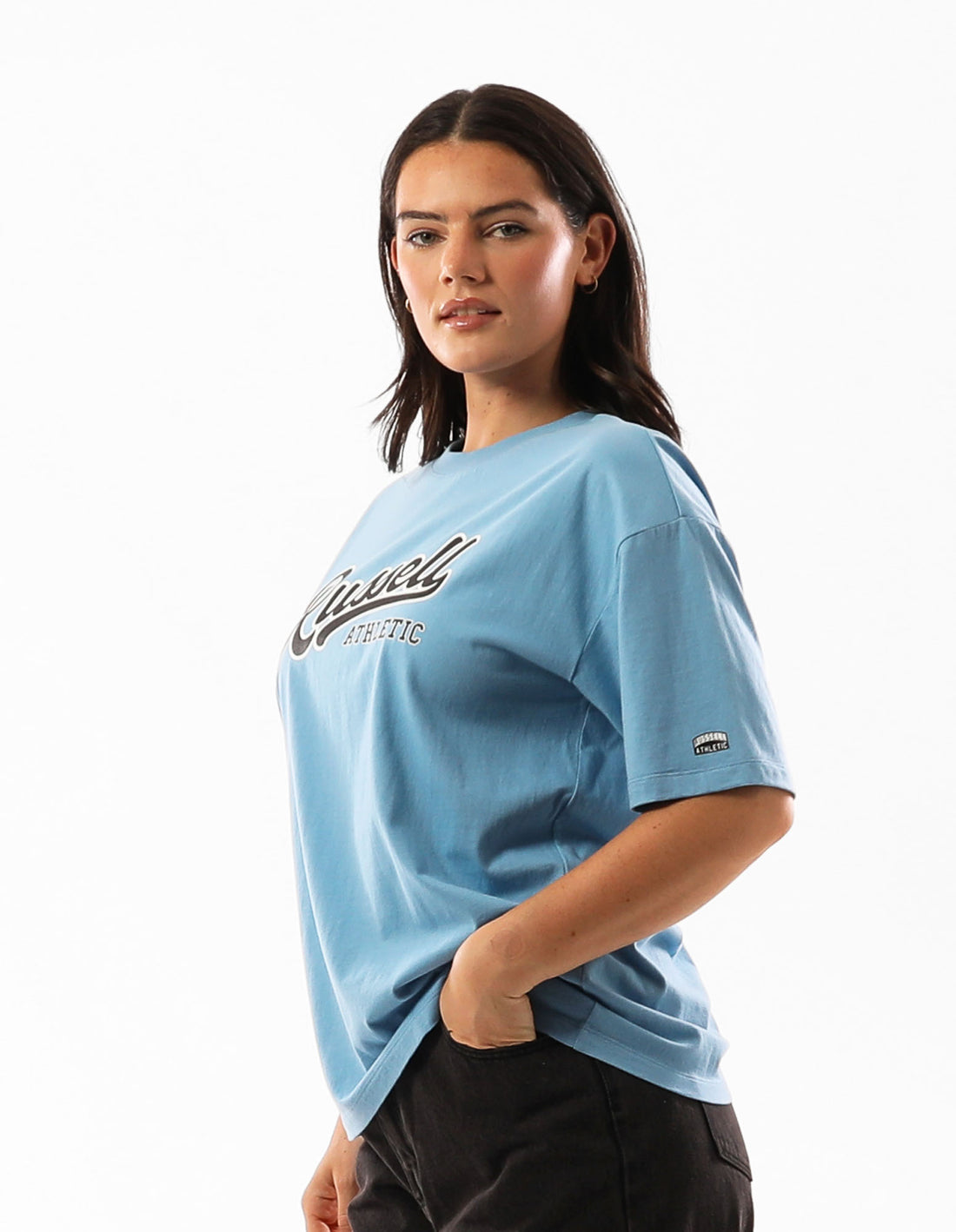 Blue Russell Athletic Scripted Women T Shirts | 63CEHVDJI