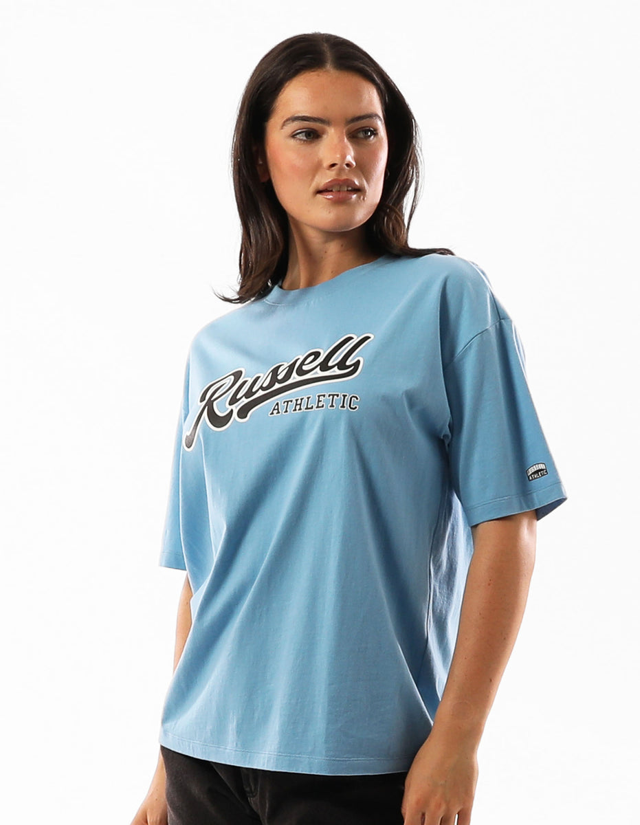 Blue Russell Athletic Scripted Women T Shirts | 63CEHVDJI