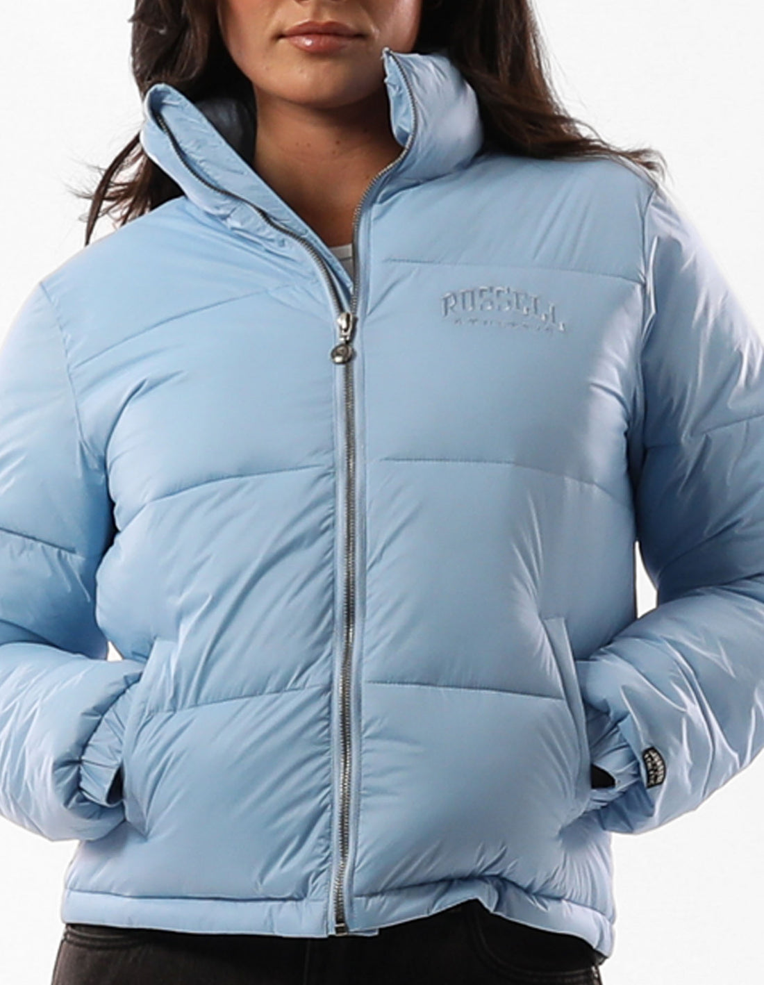 Blue Russell Athletic Seattle Sea Cropped Women Puffer Jacket | 53QFGJAWL