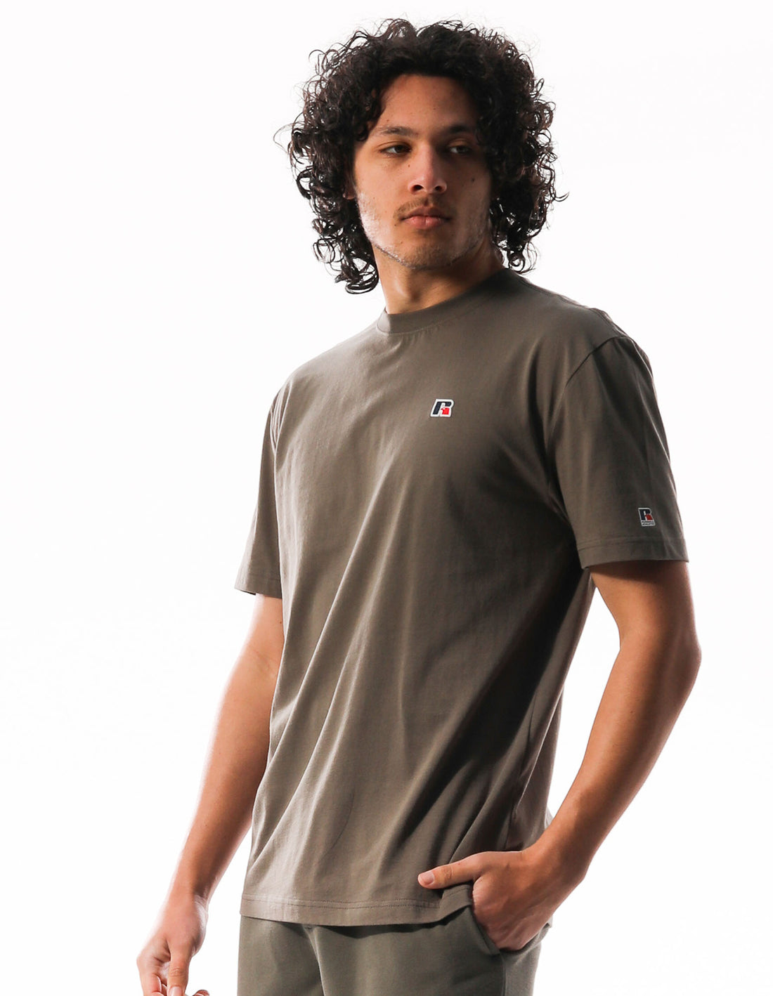 Brown Russell Athletic R Logo Slouch Men T Shirts | 19PJBWIHG