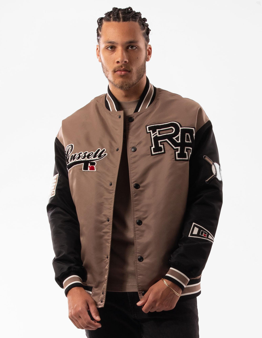 Brown Russell Athletic Varsity Badge Men Jackets | 87IMFKRPB