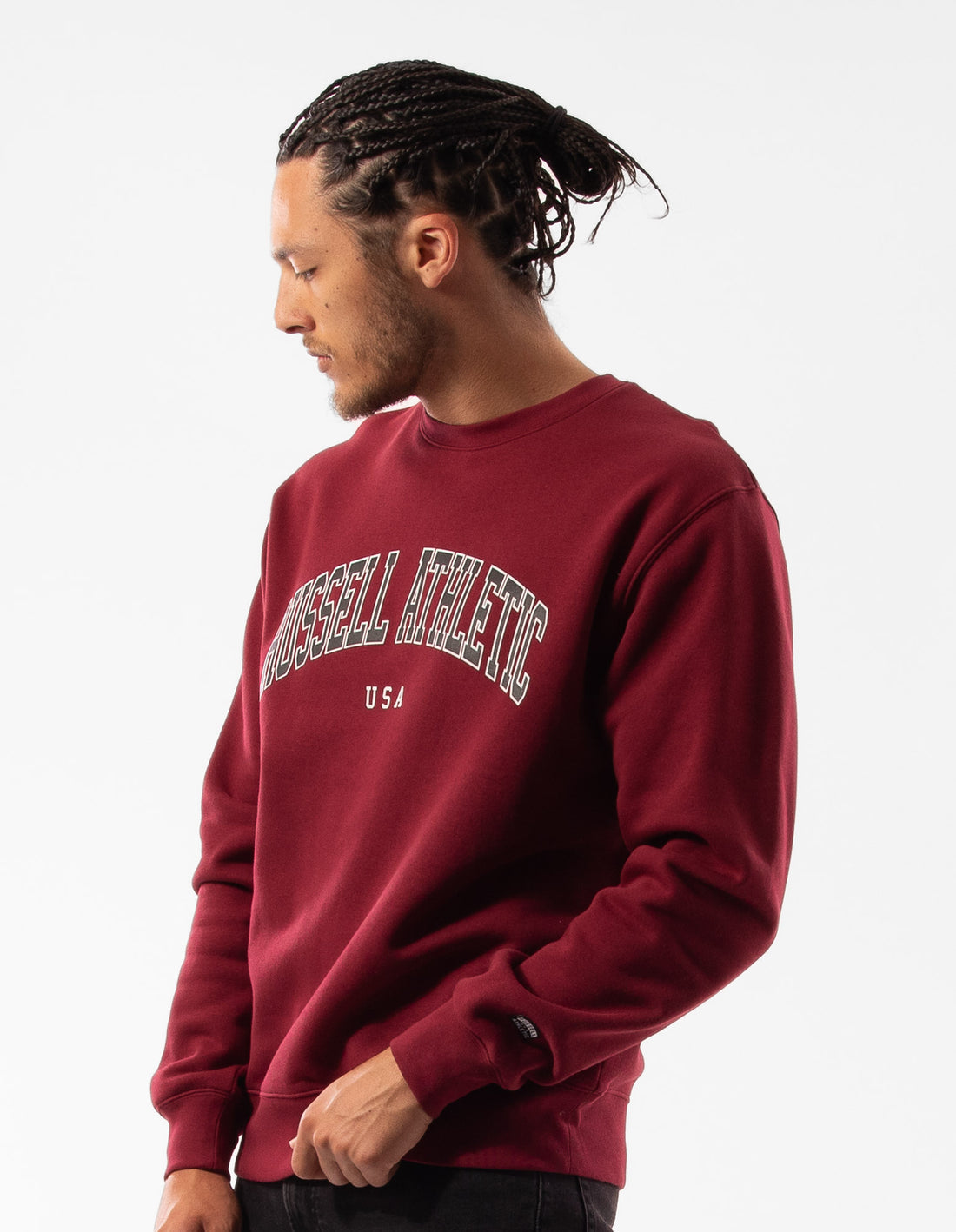 Burgundy Russell Athletic Pasadena Men Crew Neck Sweaters | 80MRVGDHF