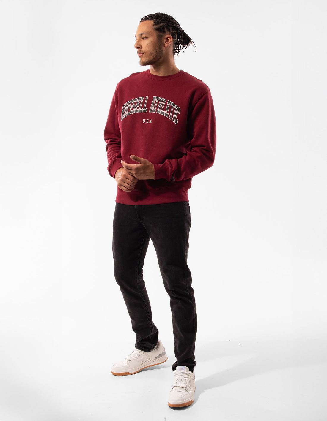 Burgundy Russell Athletic Pasadena Men Crew Neck Sweaters | 80MRVGDHF